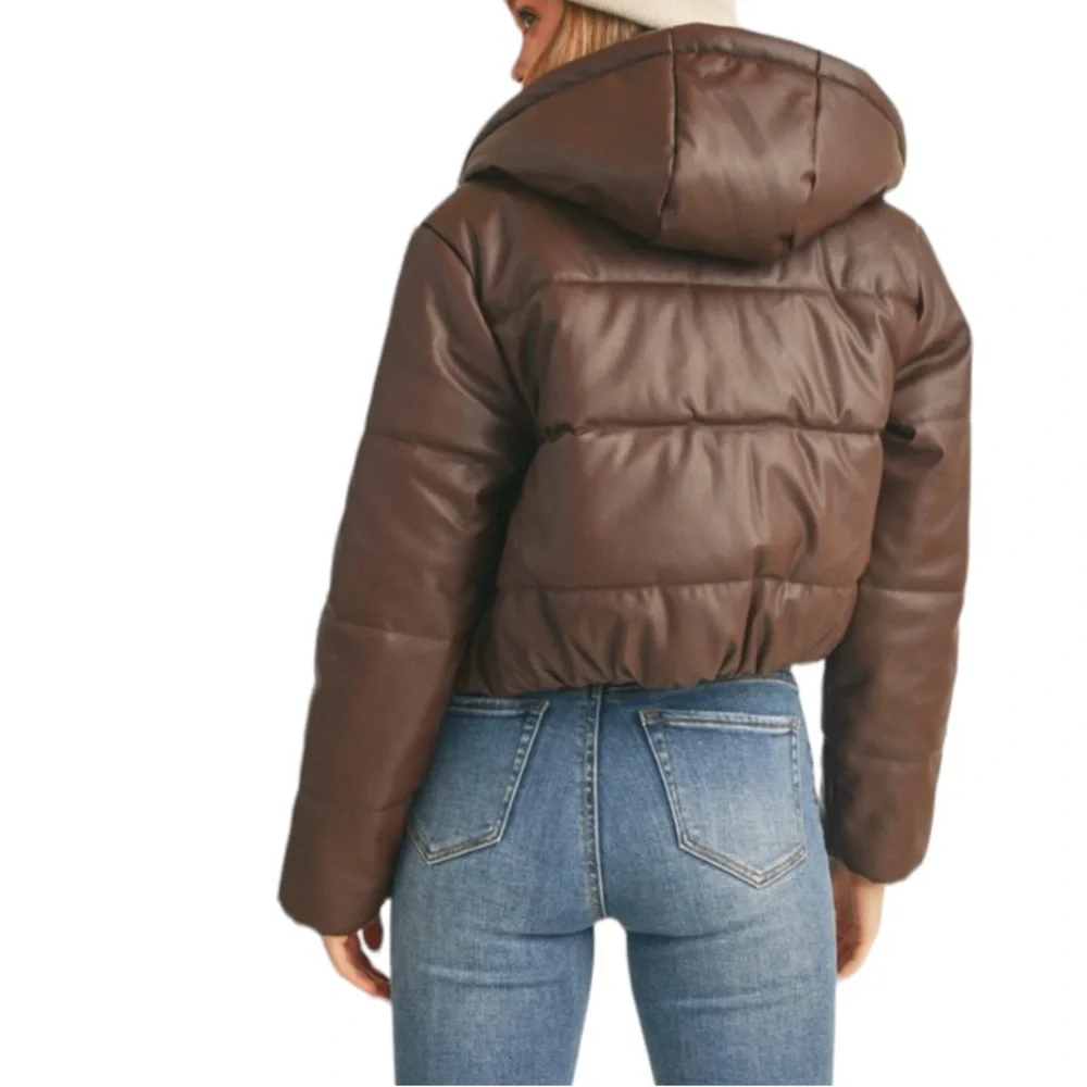 FAUX LEATHER HOODED PUFFER JACKET - COFFEE - Picture 1 of 4